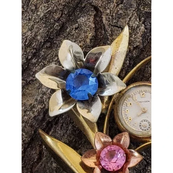 Vintage Croydon Watch Flower Bouquet Brooch Pin, Metal Floral Arrangement